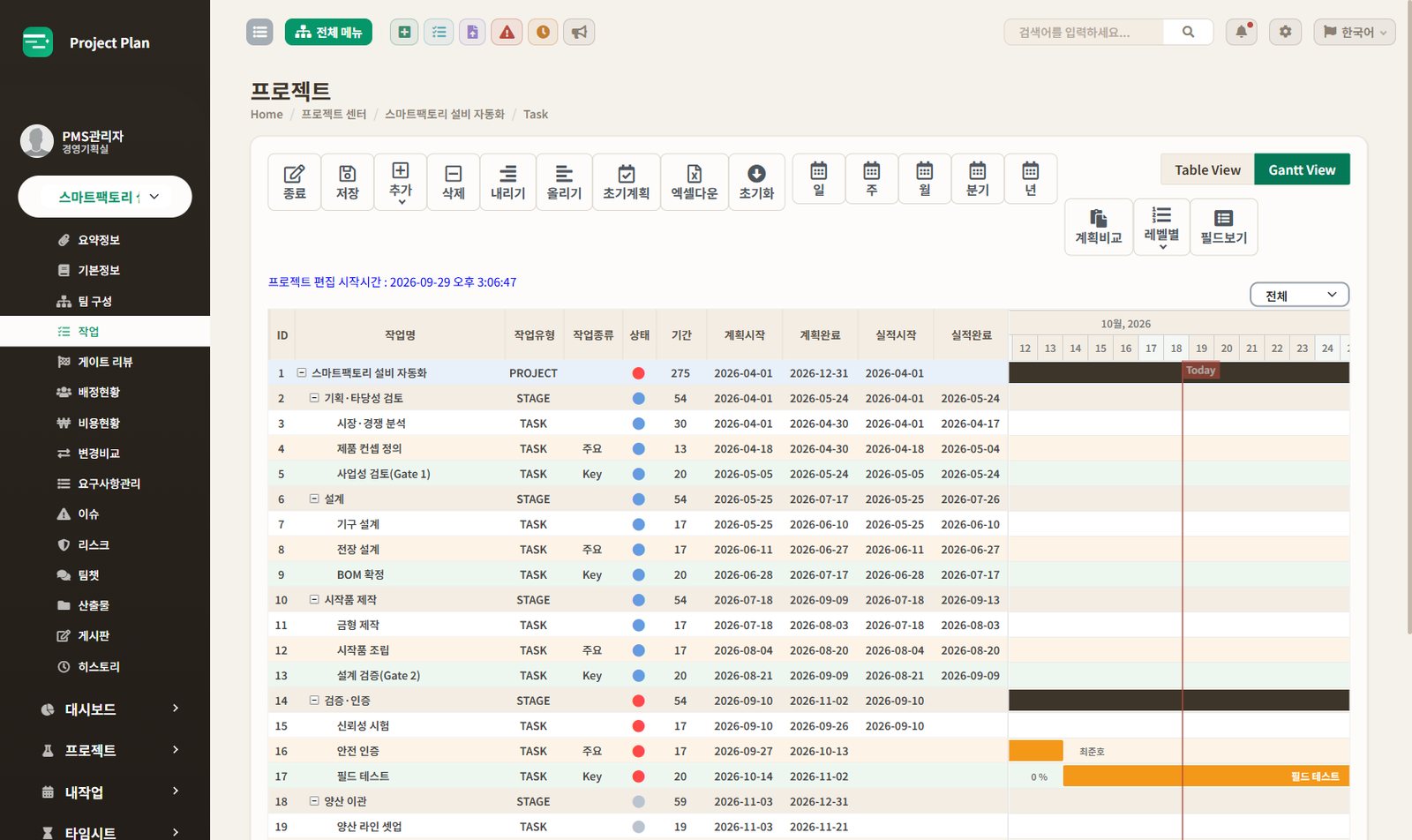 WBS 간트차트 편집 화면
